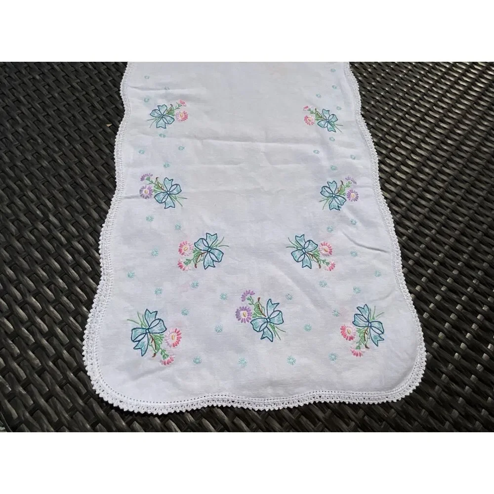 Vintage Hand Embroidered Dresser Scarf Blue Bows Floral Crochet Edge Cottagecore